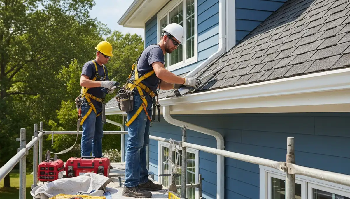 Minneapolis, MN gutter repair crew fixing storm-damaged gutters on a home exterior