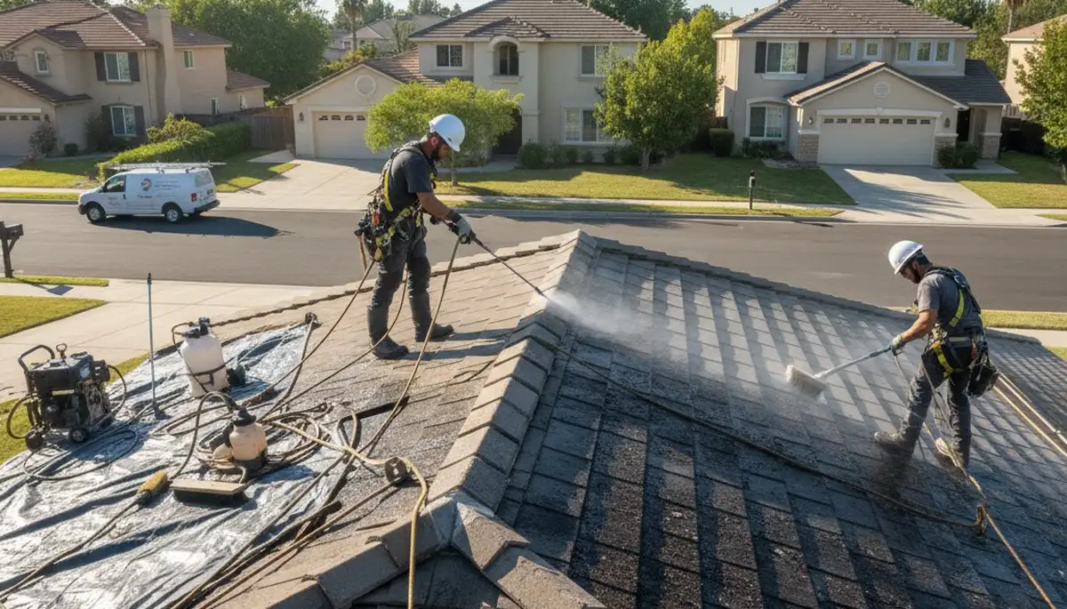 Minneapolis, MN roofing contractor cleaning moss and debris from a residential roof
